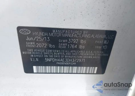 2013 Hyundai Elantra Gls z USA, uszkodzony, nr VIN 5NPDH4AE3DH372971